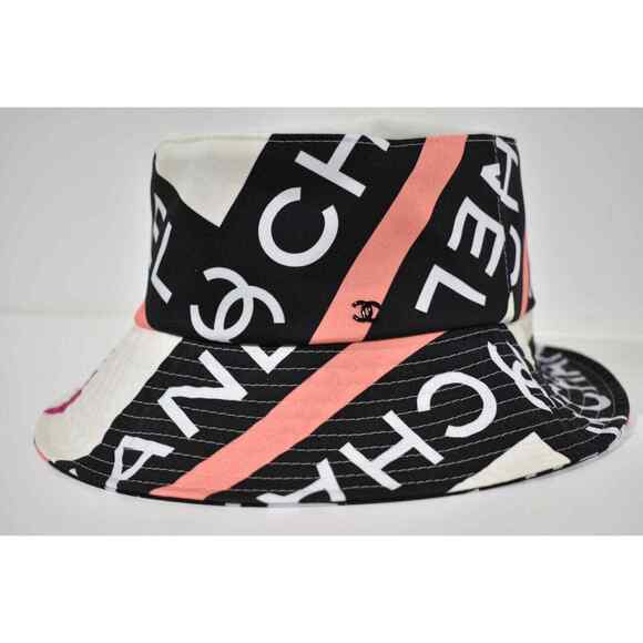 Chanel 22S Black White Pink Beige Fabric CC Logo Sun Cloche Bucket Hat Medium M main image 8